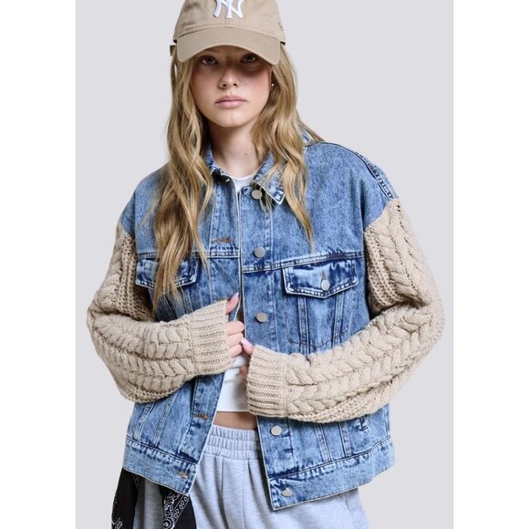 STYLENANDA Women's Denim Jean Jacket with Knit Sleeves Size F (Free), Fits S/M/L - Picture 1 of 10